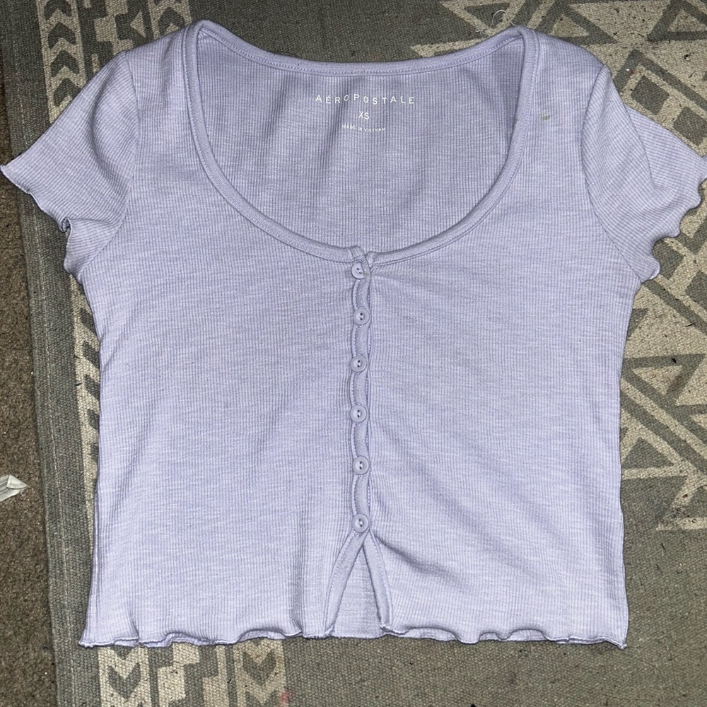 Women's Lilac Button-Up Ribbed Top Lettuce Trim Aeropostale - Picture 3 of 7